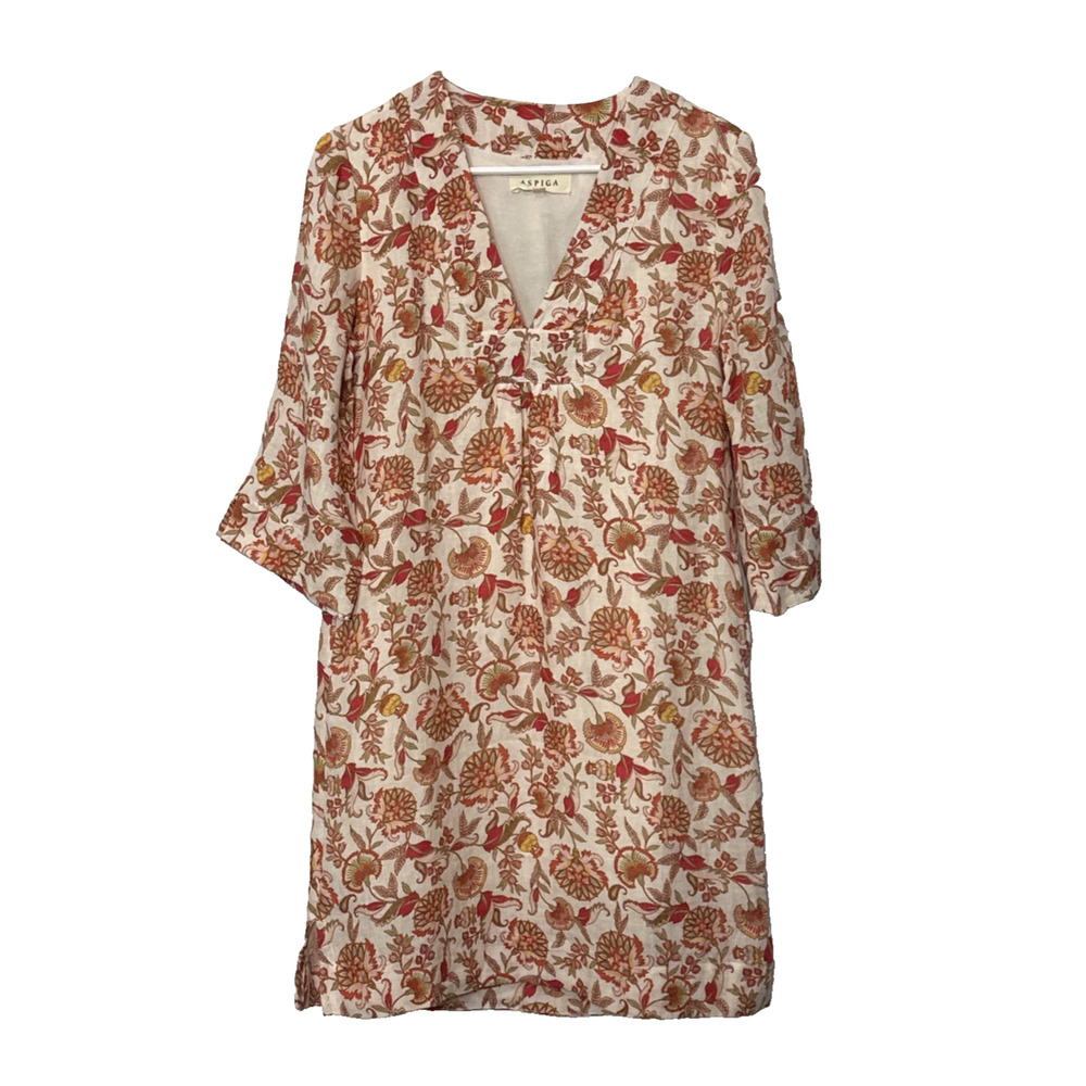 Aspiga Dress Linen Floral V-Neck 3/4 Sleeve XS Cream Red Boho Shift Tunic Pocket